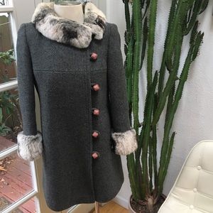 Vintage Wool & Chinchilla Fur Coat w/ Sq. Buttons